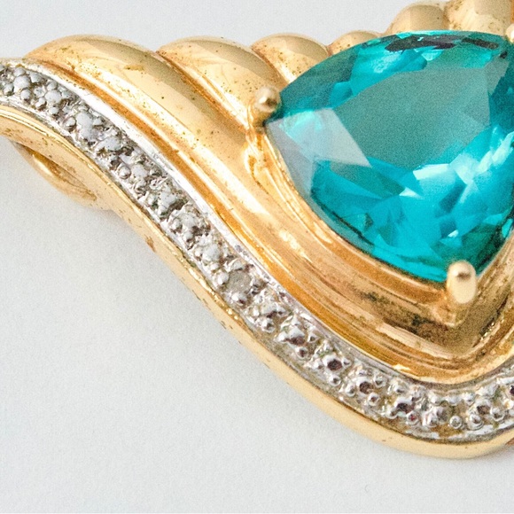 Ross-Simons Blue Glass & Genuine Diamond Pendant Gold Vermeil Sterling Silver - Picture 3 of 5